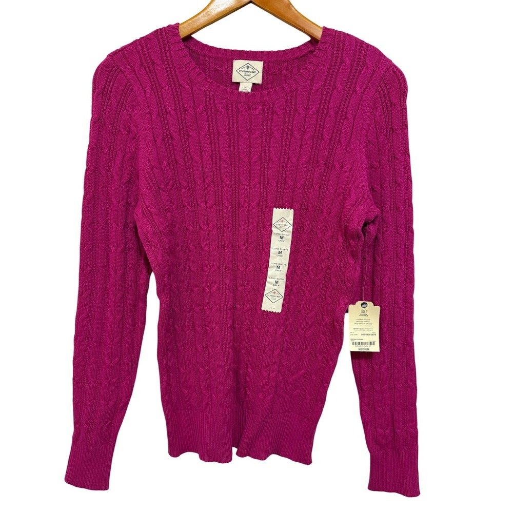 New St. John's Bay Women Sweater M Fuchsia Cable Knit Preppy Barbiecore Office